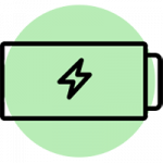 Icon, battery with a charging symbol, set against a green circle