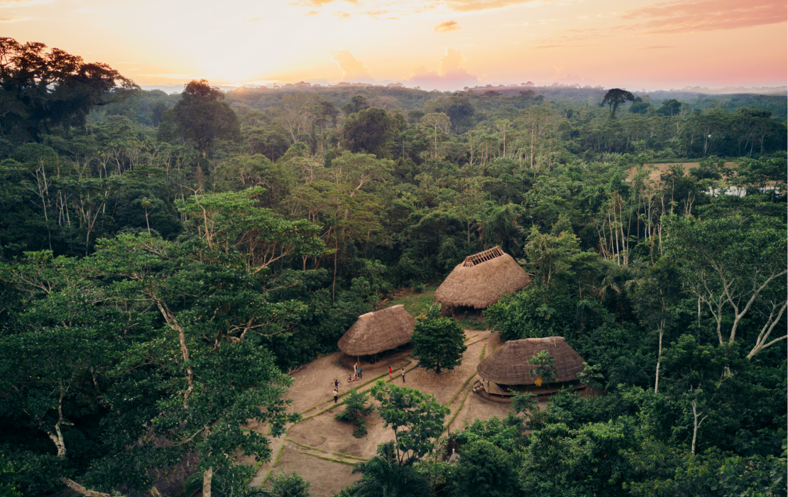 Aerial view of an Indigenous community in the Ecuadorian Amazon