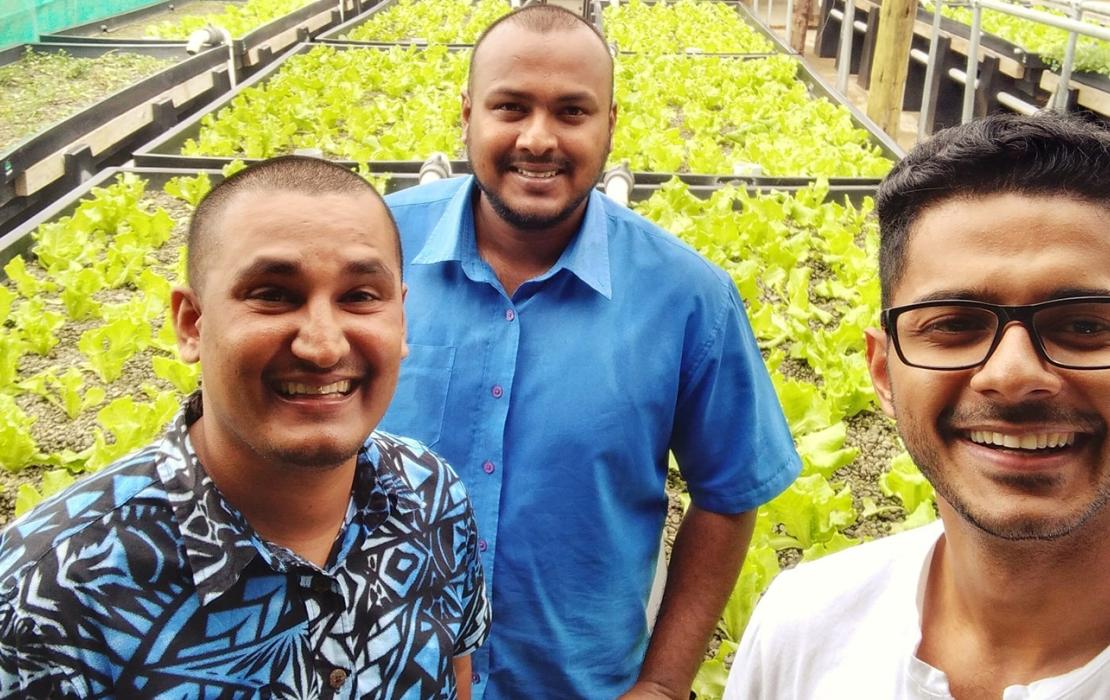 Three young men representing Smart Farms Fiji pose for a photo in front of hydroponic garden.