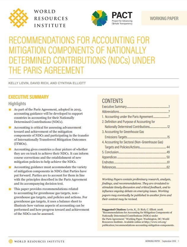 Recommendations For Accounting for Mitigation Components of NDCs