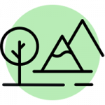 Icon, tree and mountains, set against a green circle