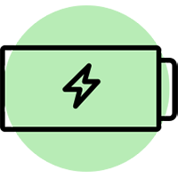 Icon, battery with a charging symbol, set against a green circle