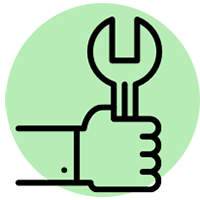 Icon, extended hand holding a wrench against a green circle