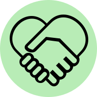 Icon, handshake forming a heart against a green circle