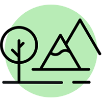 Icon, tree and mountains, set against a green circle