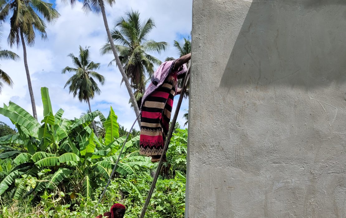 A woman in traditional dress climbs a ladder against a water tank surrounded by lush vegetation and tall palm trees in Comoros.