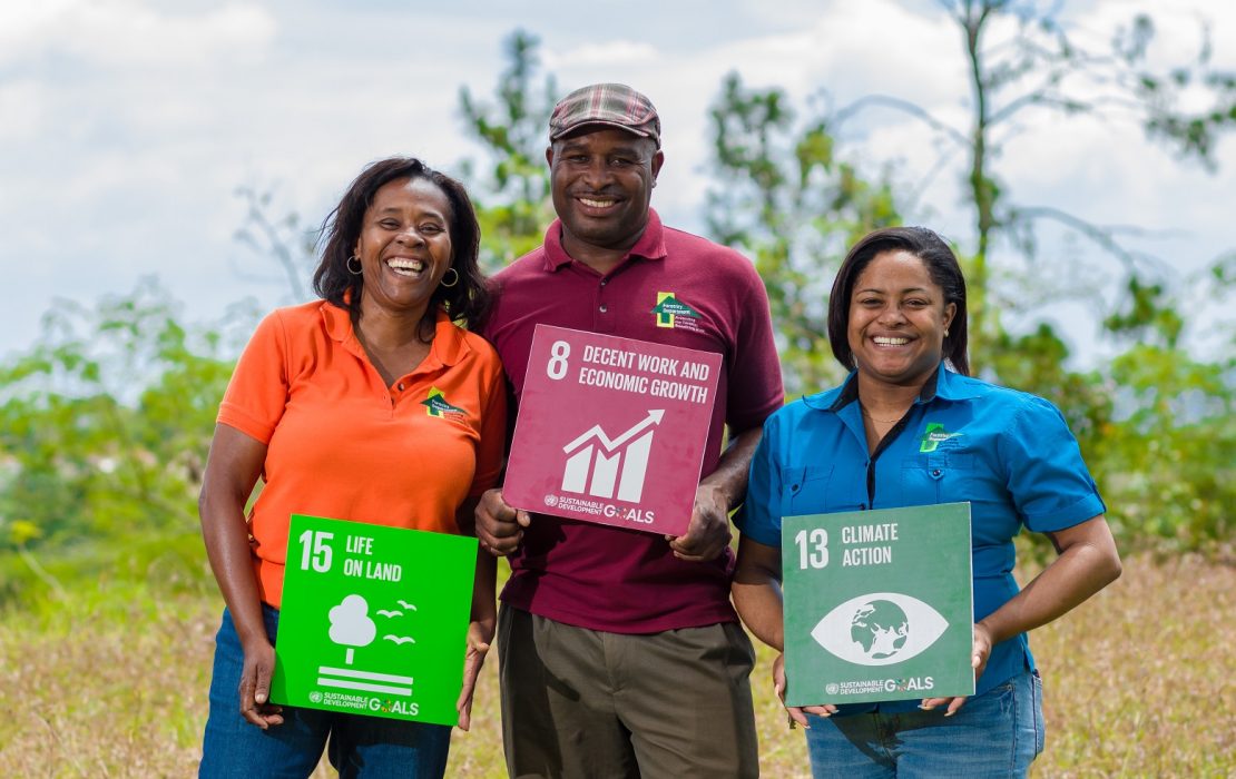 From efforts to achieving a just transition of the workforce, to investing in renewable energies and unlocking climate finance opportunities, UNDP is supporting Jamaica to take decisive climate action. Photo: Talk Up Yout Media/UNDP Jamaica People holding signs for Sustainable Development Goals 8,13 and 15