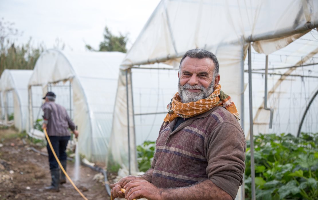 A farmer waters crops inside his greenhouses in Lebanon
