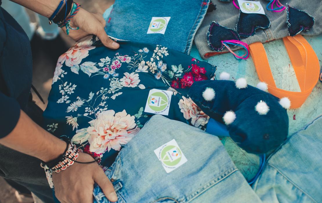 Bags made out of old clothes by young people at El Nuevo Camino Youth Centre in Uruguay