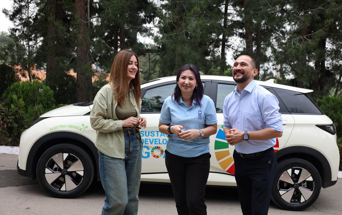 UNDP Tajikistan in front of a UNDP electric car.