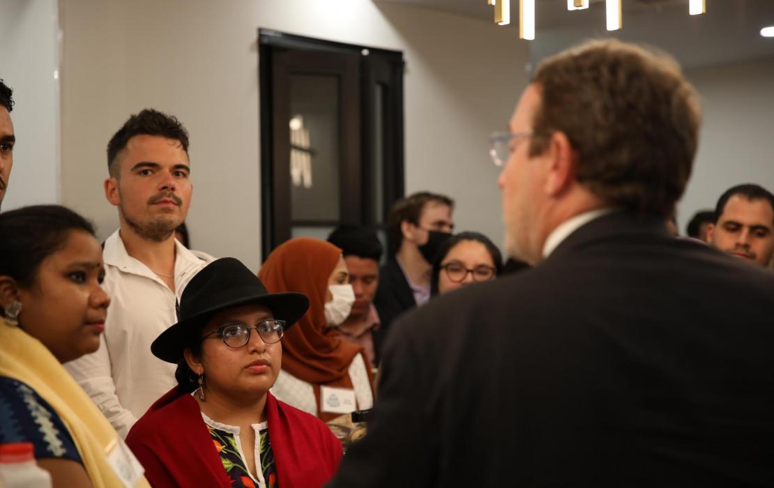 Emir (second from left) and Archana, (centre) meet UNDP Administrator Achim Steiner at the first flagship event of the Youth4Climate: Powering Action initiative.