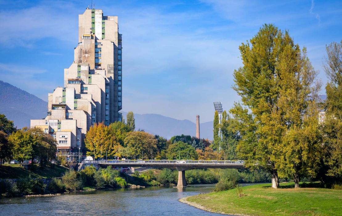 River, buildings and tress in Bosnia and Herzegovina