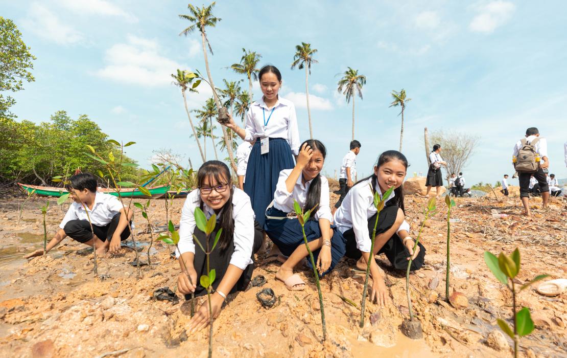 Niños plantando manglares en Camboya