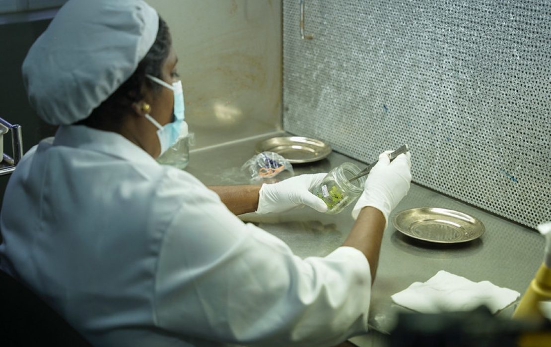 A woman wearing a face mask working in a laboratory