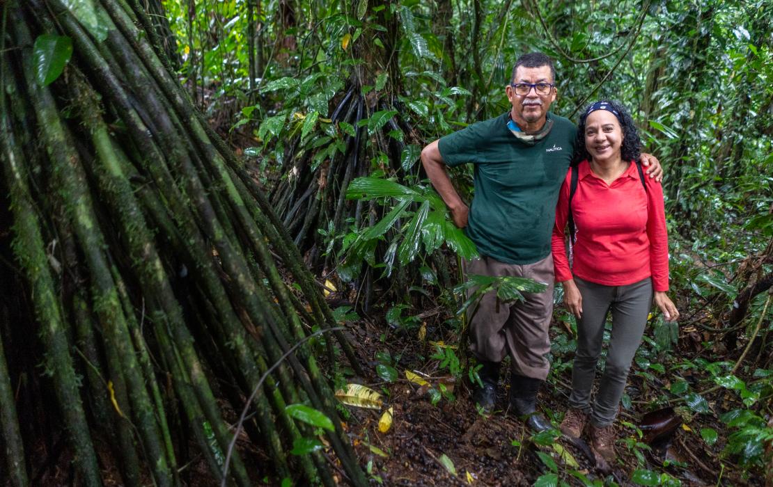 man and woman standing among trees in their farm in Costa Rica