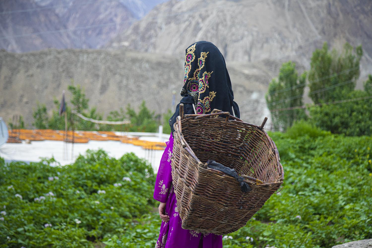 Mujer rural en Skardu, Pakistán, mirando hacia un campo de cultivos
