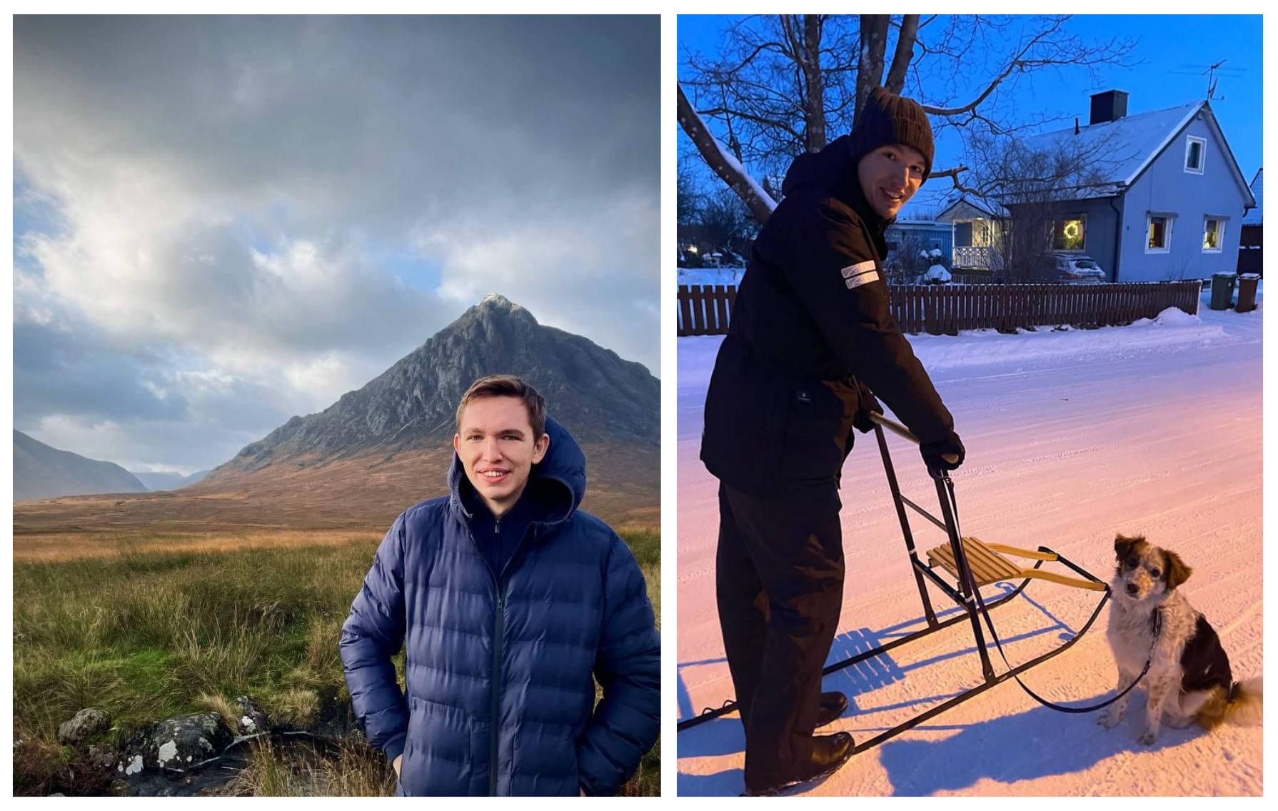 On a trip to Glencoe in Scotland, November 2021 (left); With one of five adopted dogs, Kajsa, preparing to go downhill on a Swedish sled, December 2021 (right). Photos: Beatrice Bucht.