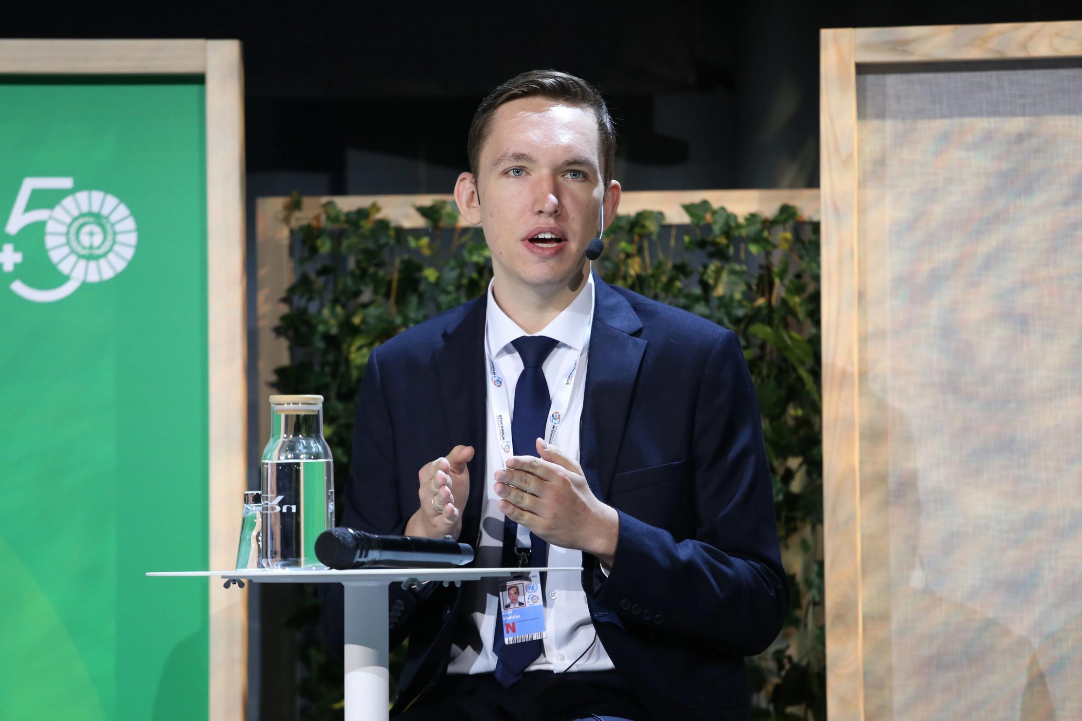 Speaking at the launch of the Green Jobs for Youth Pact at Stockholm+50, June 2022. Photo:  International Institute for Sustainable Development.