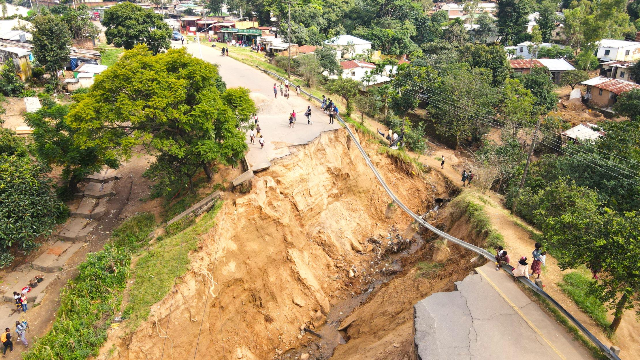 Aerail view of a collapsed road following cyclone Freddy in Blantyre, Malawi