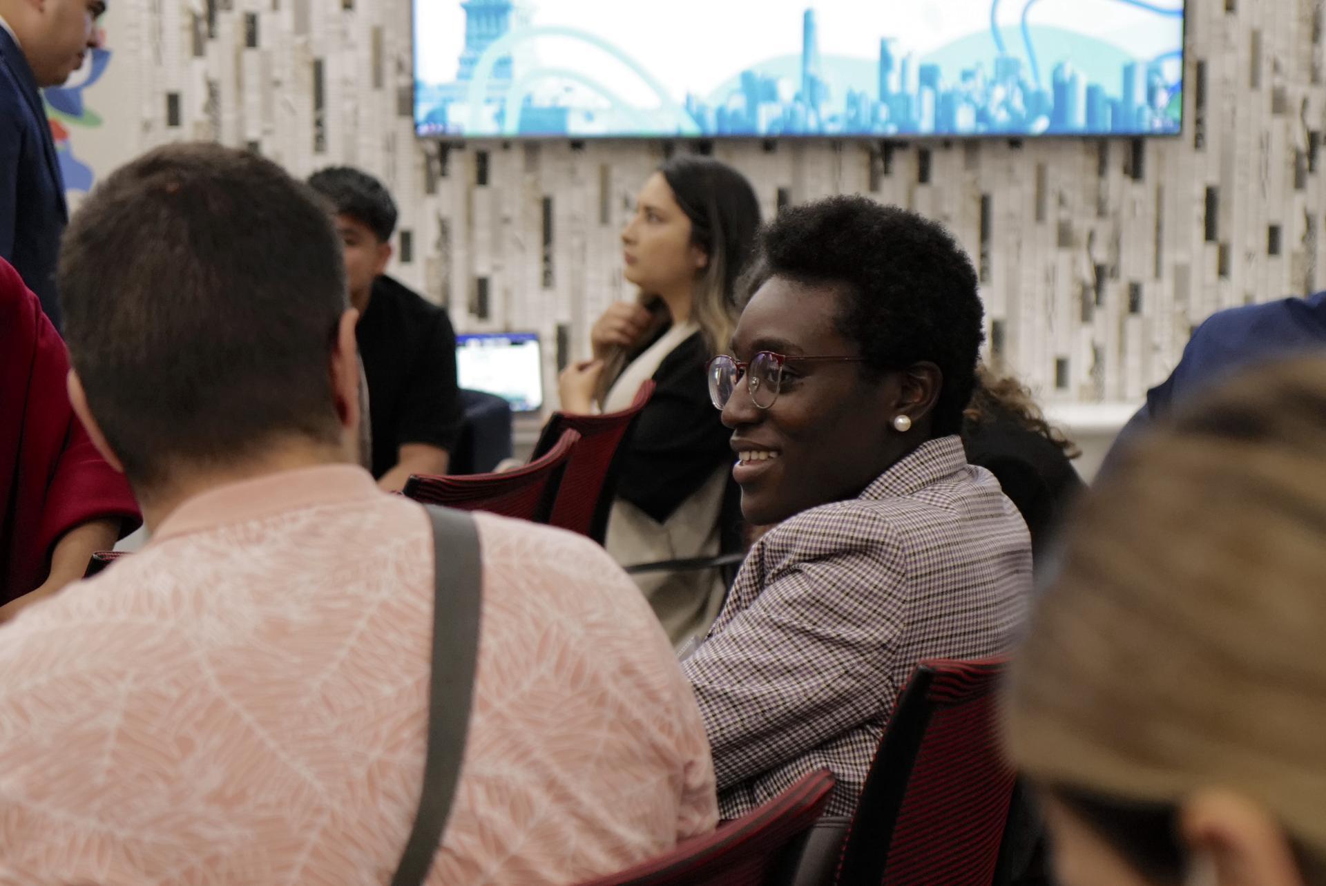 Karla (centre) attends the Youth4Climate: Powering Action event at the United Nations General Assembly where young people shared their ideas with world leaders. 