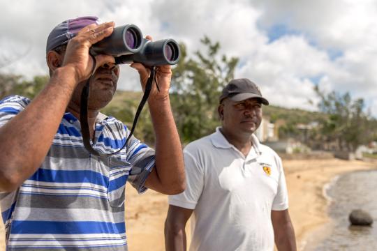 Two men  looking at the horizon on a beach in Seychelles