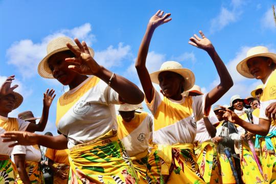 Les acteurs des secteurs sources d'émissions de gaz à effet de serre et de ceux classés comme puits carbone réunis à Antsirabe. Photo : PNUD Madagascar Femmes de Lalangina dansant à Madagascar