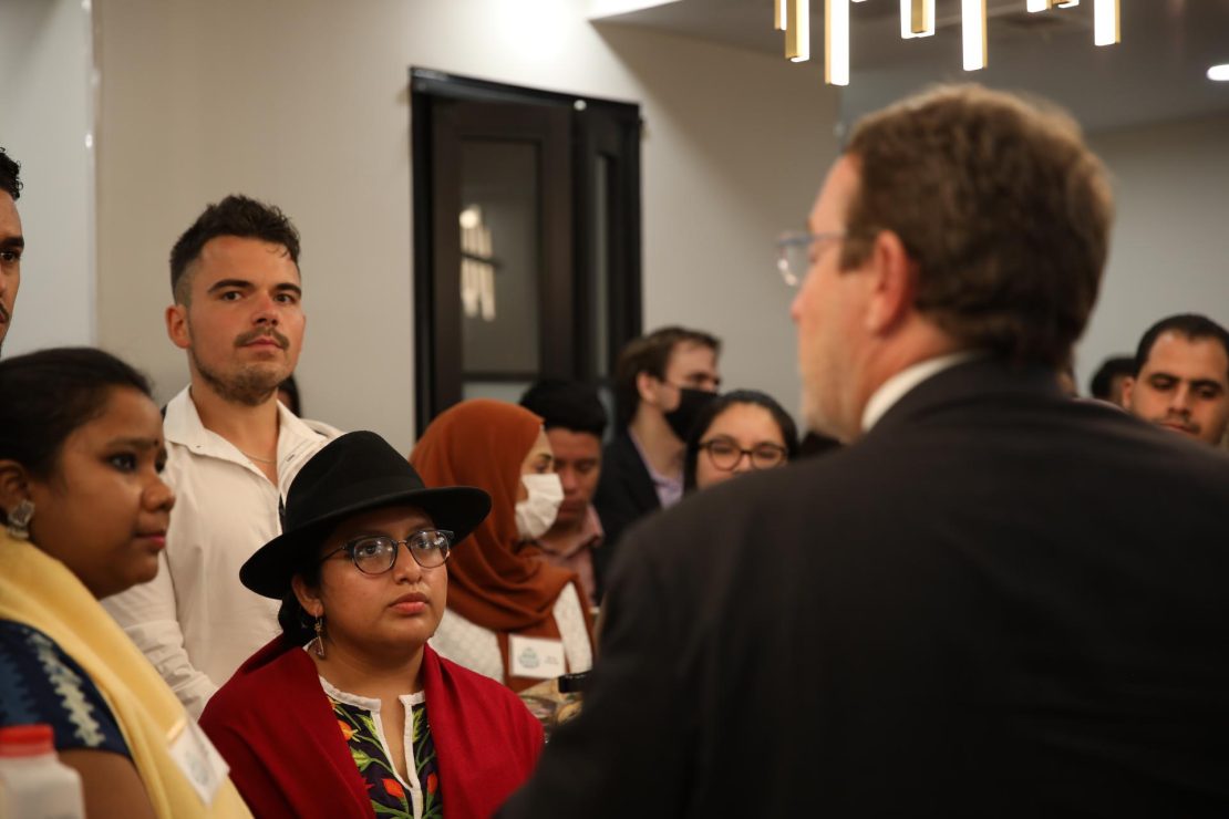 Emir (second from left) and Archana, (centre) meet UNDP Administrator Achim Steiner at the first flagship event of the Youth4Climate: Powering Action initiative.