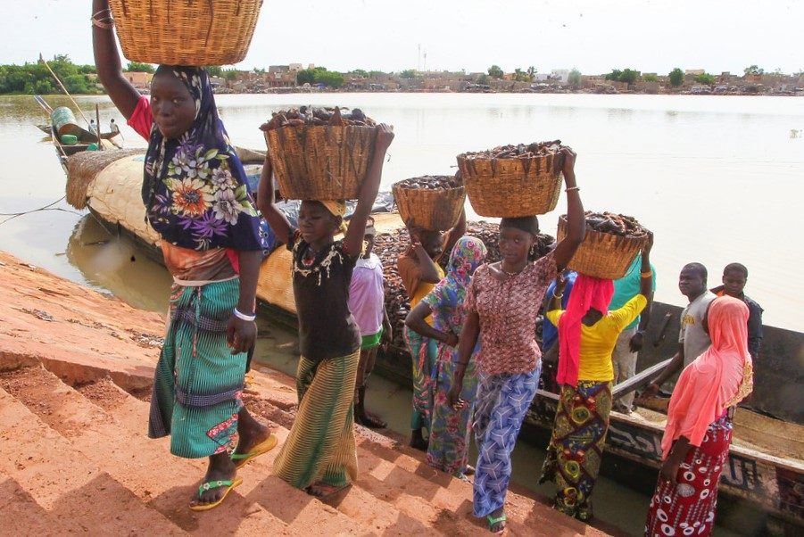 Unloading smoked fish on the quay, Mopti, Mali