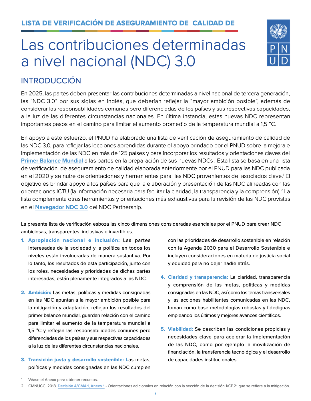 Lista de verificación de aseguramiento de calidad de las Contribuciones Determinadas a Nivel Nacional (NDC) 3.0