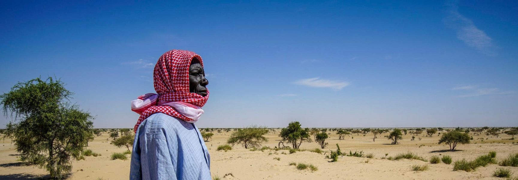 Man looking across a desert landscape