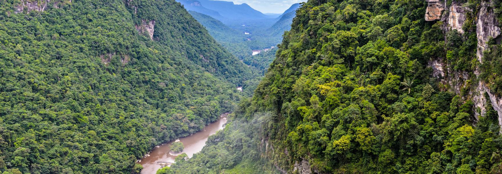 Paisaje de río y montaña en Guyana